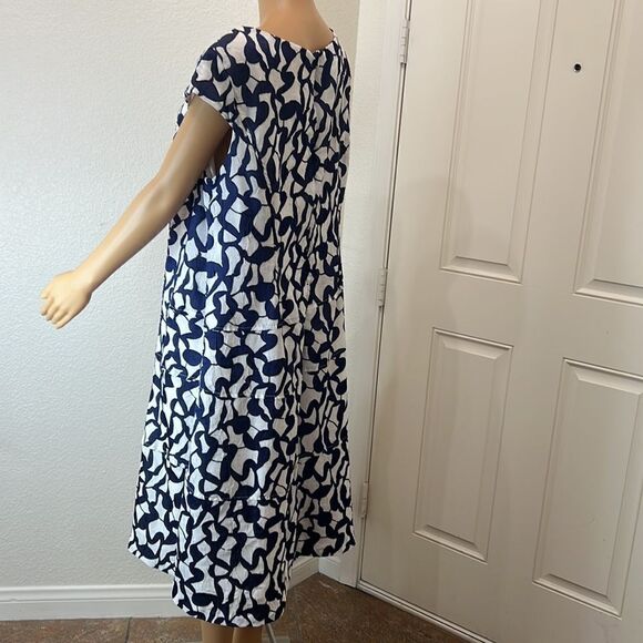 Anne Klein Dress Size 14W Scoop Neck Cap Sleeve Midi Blue White Zipper Back - Picture 6 of 11